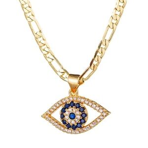 18k Gold plated  & CZ  Evil Eye Figaro Chain Necklace NWT